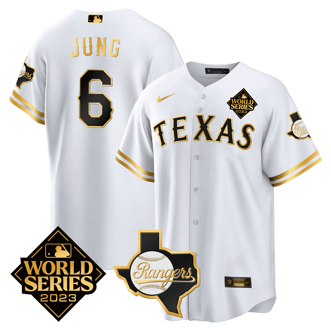 Josh Jung 6 Texas Rangers 2023 World Series & Texas State Patch Men Baseball Jersey - White Gold V2 - JS514 