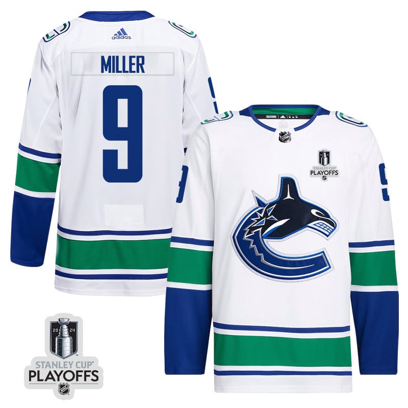 J.T. Miller 9 Vancouver Canucks 2024 NHL Playoffs Patch Away Hockey Jersey - Men, White - JS888 