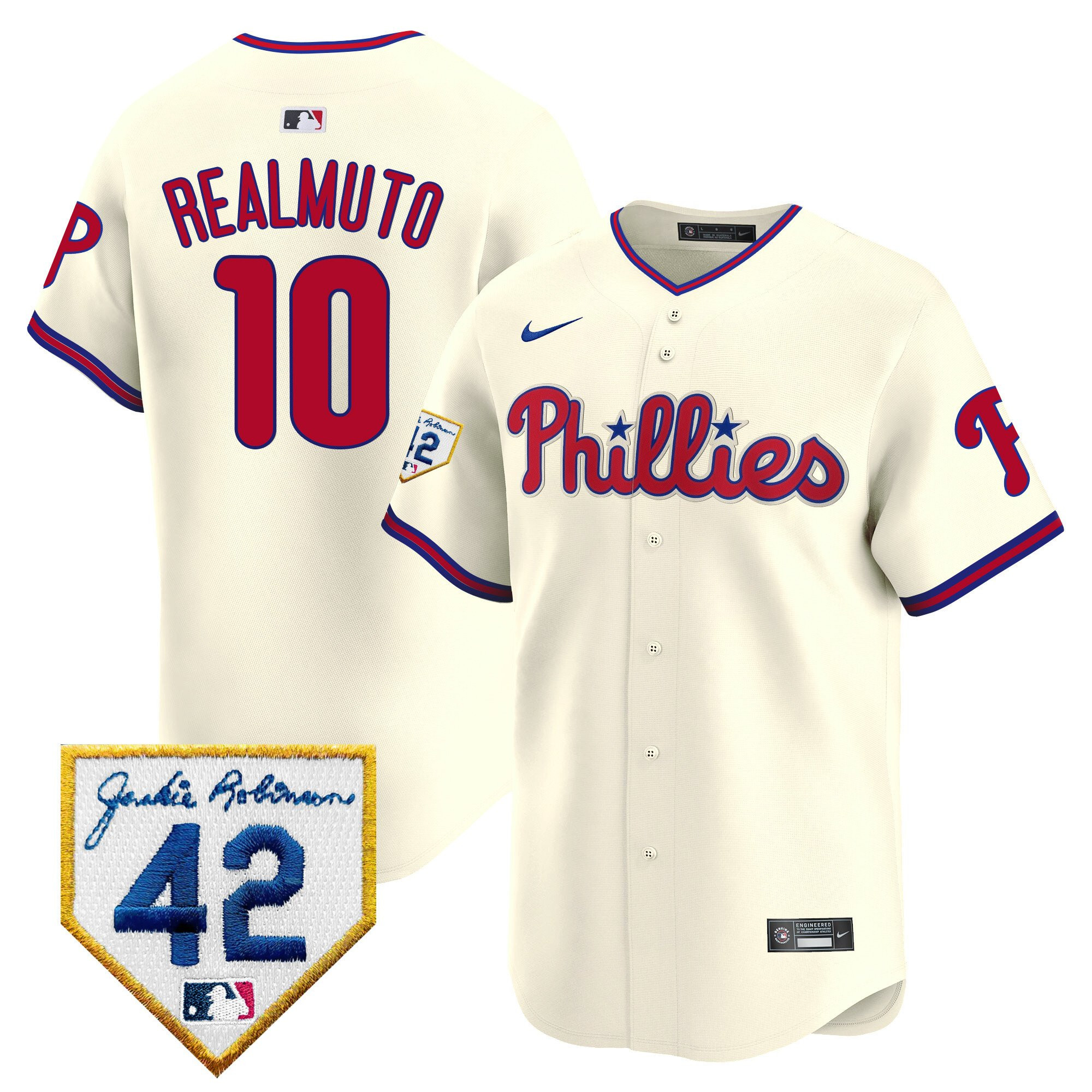 J.T. Realmuto 10 Philadelphia Phillies 2024 Jackie Robinson Patch Men Baseball Jersey - Cream 