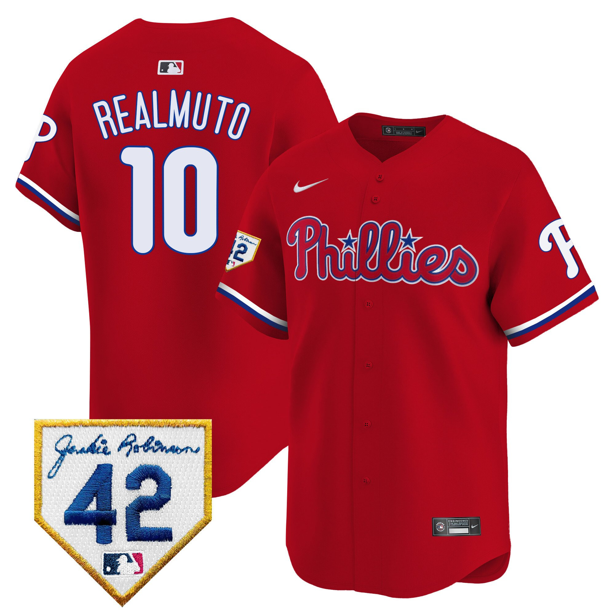 J.T. Realmuto 10 Philadelphia Phillies 2024 Jackie Robinson Patch Men Baseball Jersey - Red 