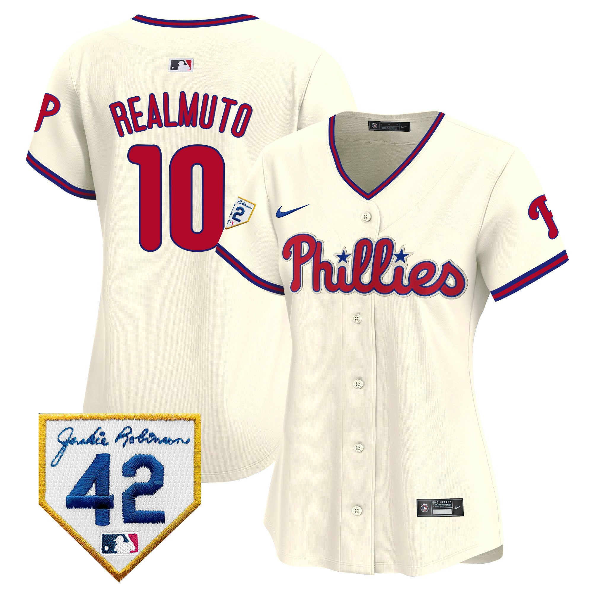 J.T. Realmuto 10 Philadelphia Phillies 2024 Jackie Robinson Patch Women Baseball Jersey - Cream 