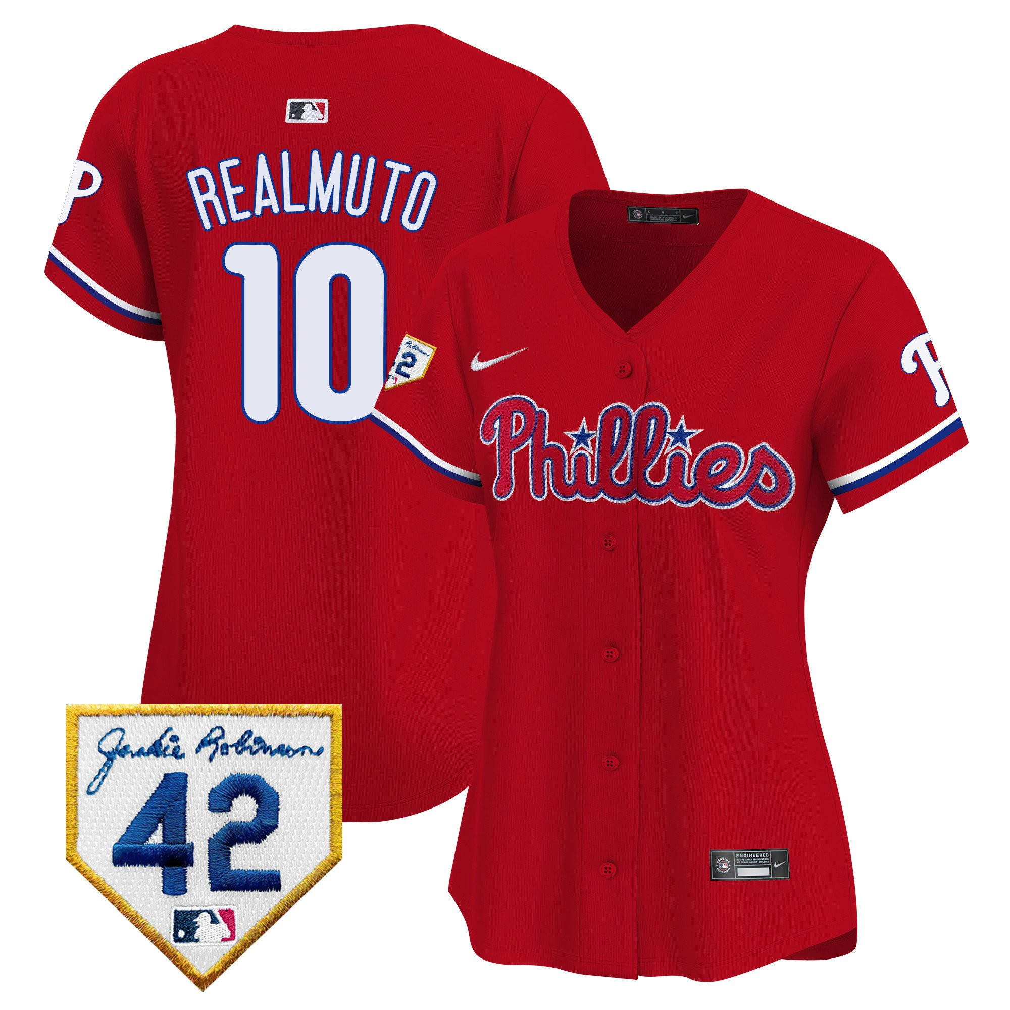 J.T. Realmuto 10 Philadelphia Phillies 2024 Jackie Robinson Patch Women Baseball Jersey - Red 