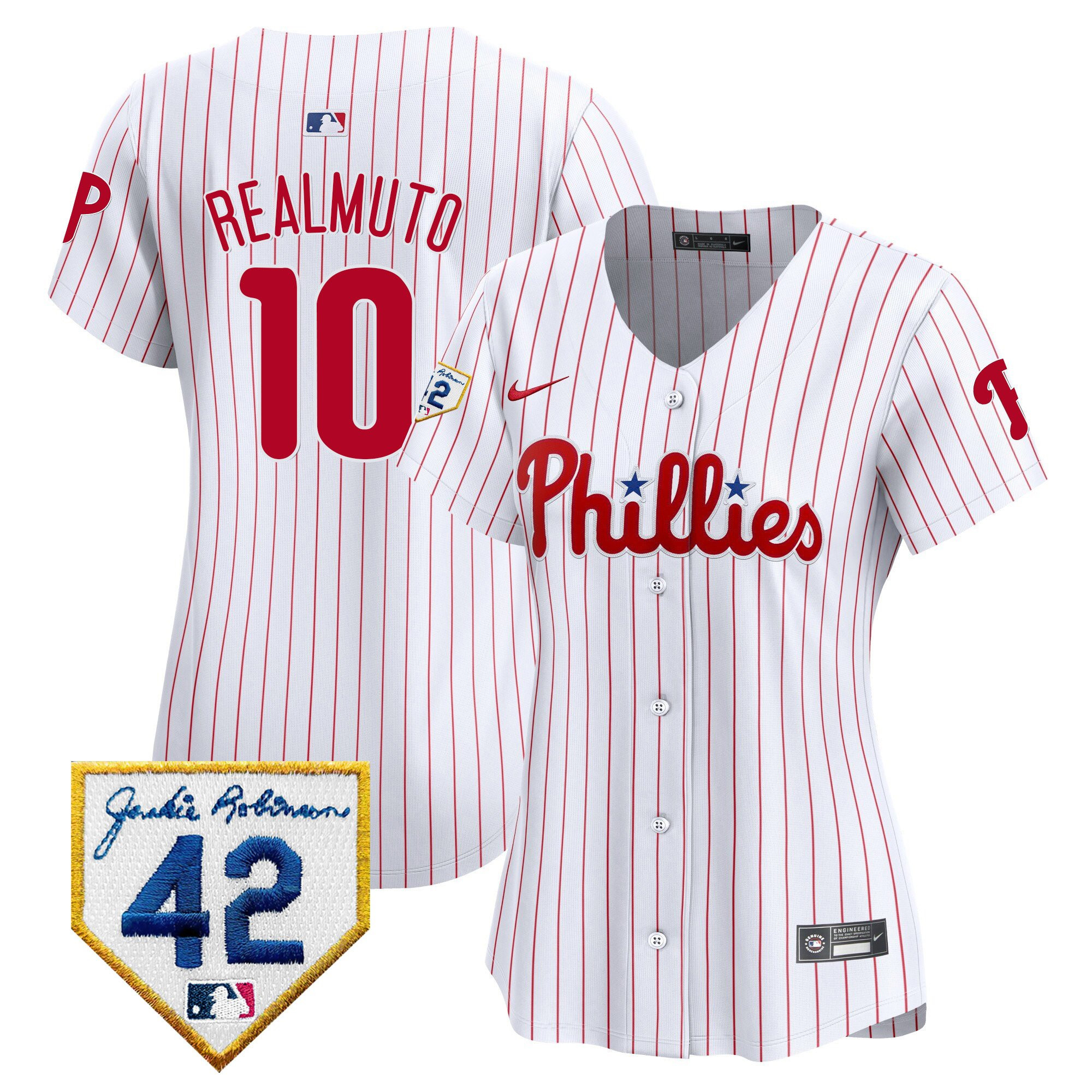 J.T. Realmuto 10 Philadelphia Phillies 2024 Jackie Robinson Patch Women Baseball Jersey - White 