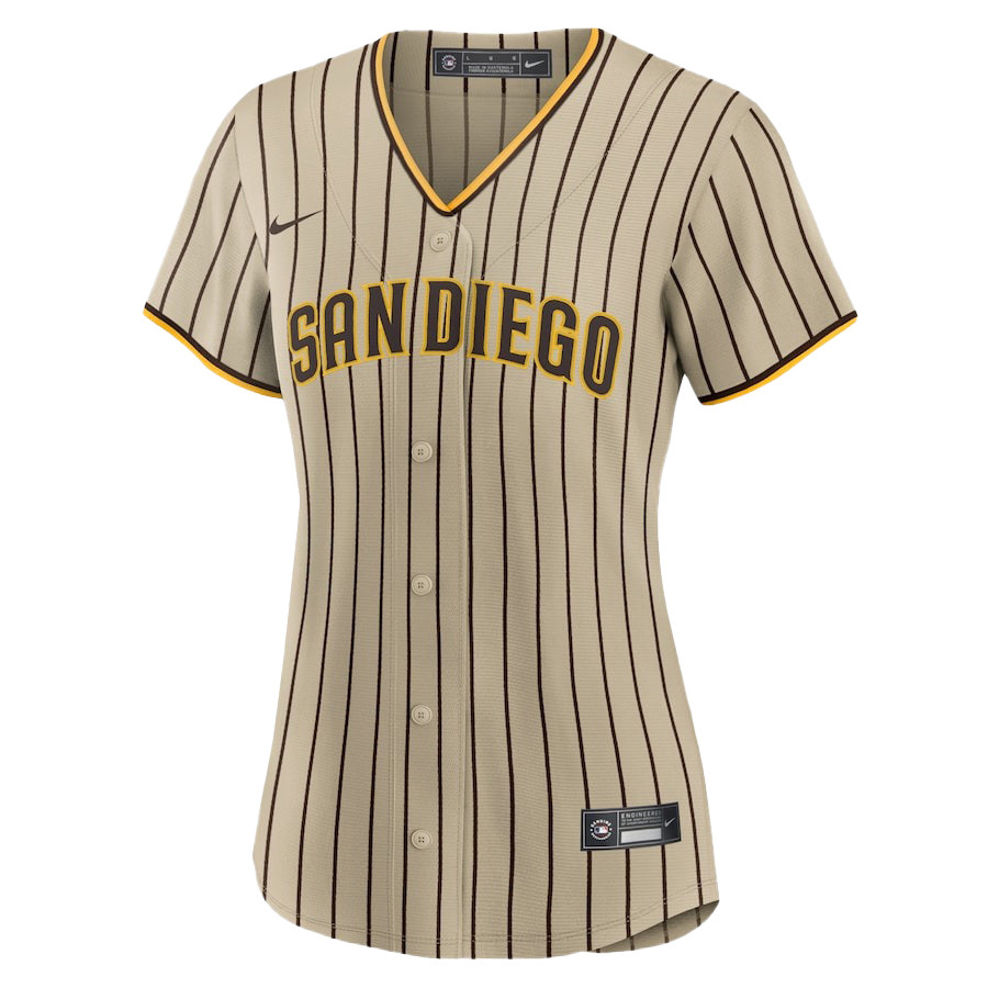 Alternative view of Juan Soto 22 San Diego Padres Signed Hit 2023 Alternate Player Women Baseball Jersey - Tan 