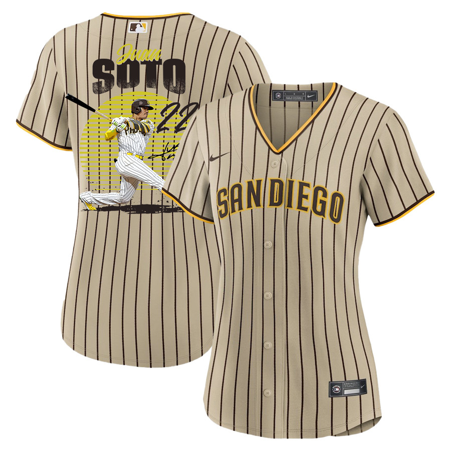 Juan Soto 22 San Diego Padres Signed Hit 2023 Alternate Player Women Baseball Jersey - Tan 