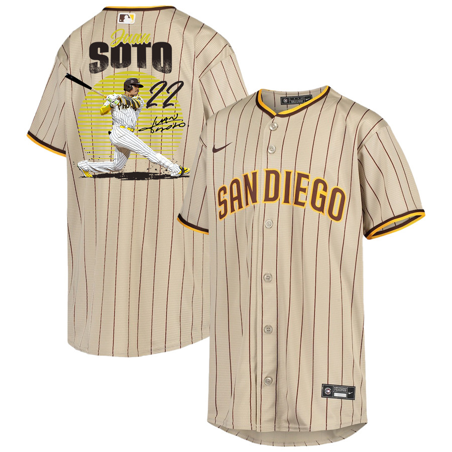 Juan Soto 22 San Diego Padres Signed Hit 2023 Alternate Player YOUTH Baseball Jersey - Sand/Brown 