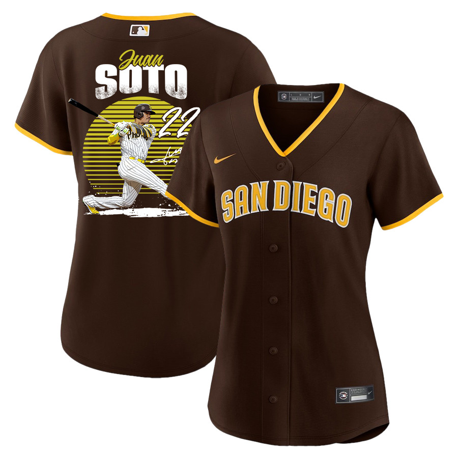 Juan Soto 22 San Diego Padres Signed Hit 2023 Road Player Women Baseball Jersey - Brown 