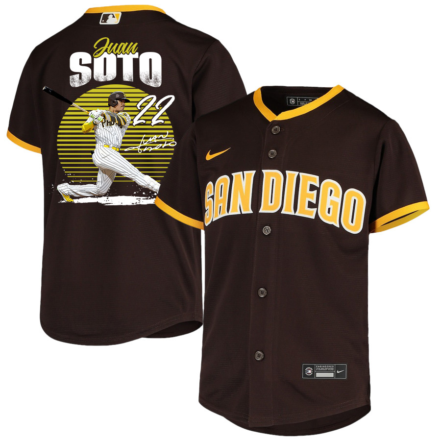 Juan Soto 22 San Diego Padres Signed Hit 2023 Road Player YOUTH Baseball Jersey - Brown 