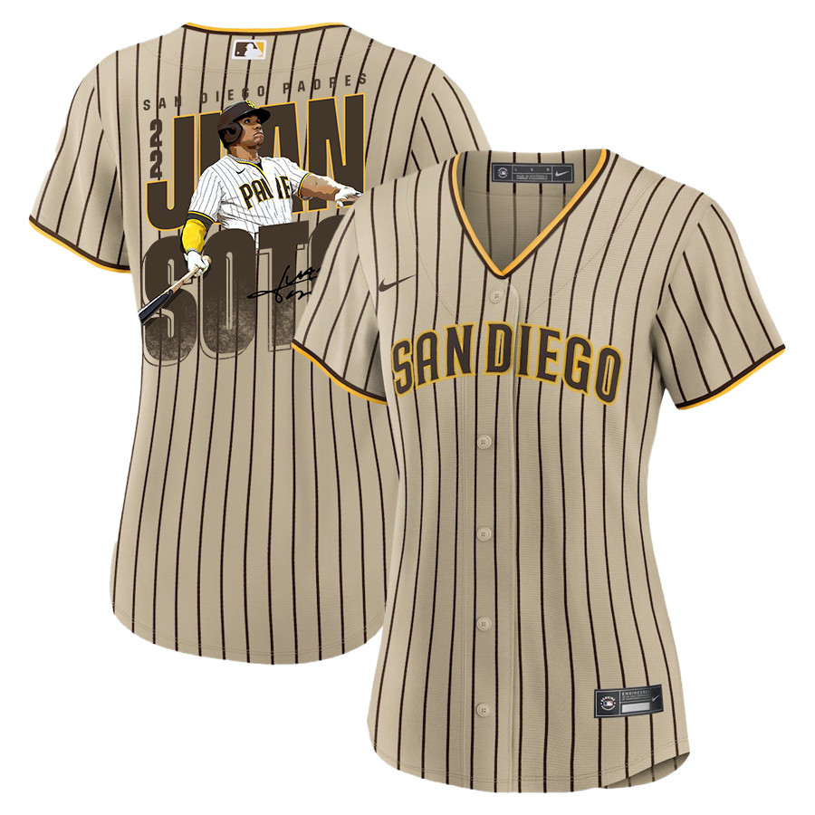 Juan Soto 22 San Diego Padres Signed Posture 2023 Alternate Player Women Baseball Jersey - Tan 