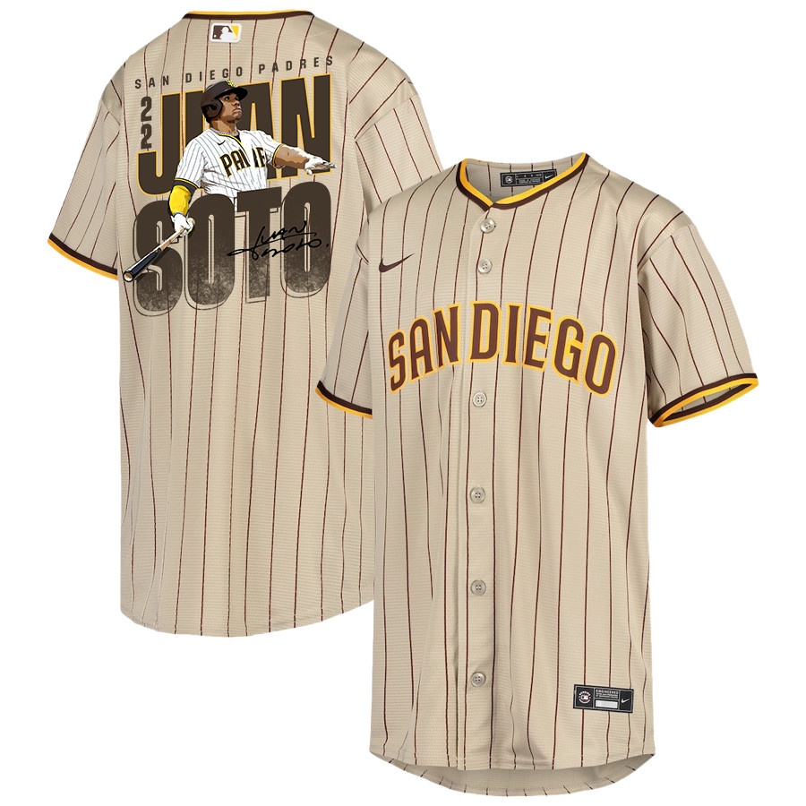Juan Soto 22 San Diego Padres Signed Posture 2023 Alternate Player YOUTH Baseball Jersey - Sand/Brown 