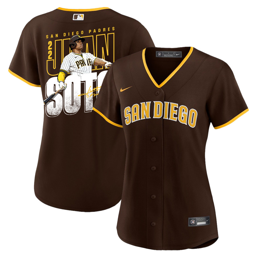 Juan Soto 22 San Diego Padres Signed Posture 2023 Road Player Women Baseball Jersey - Brown 