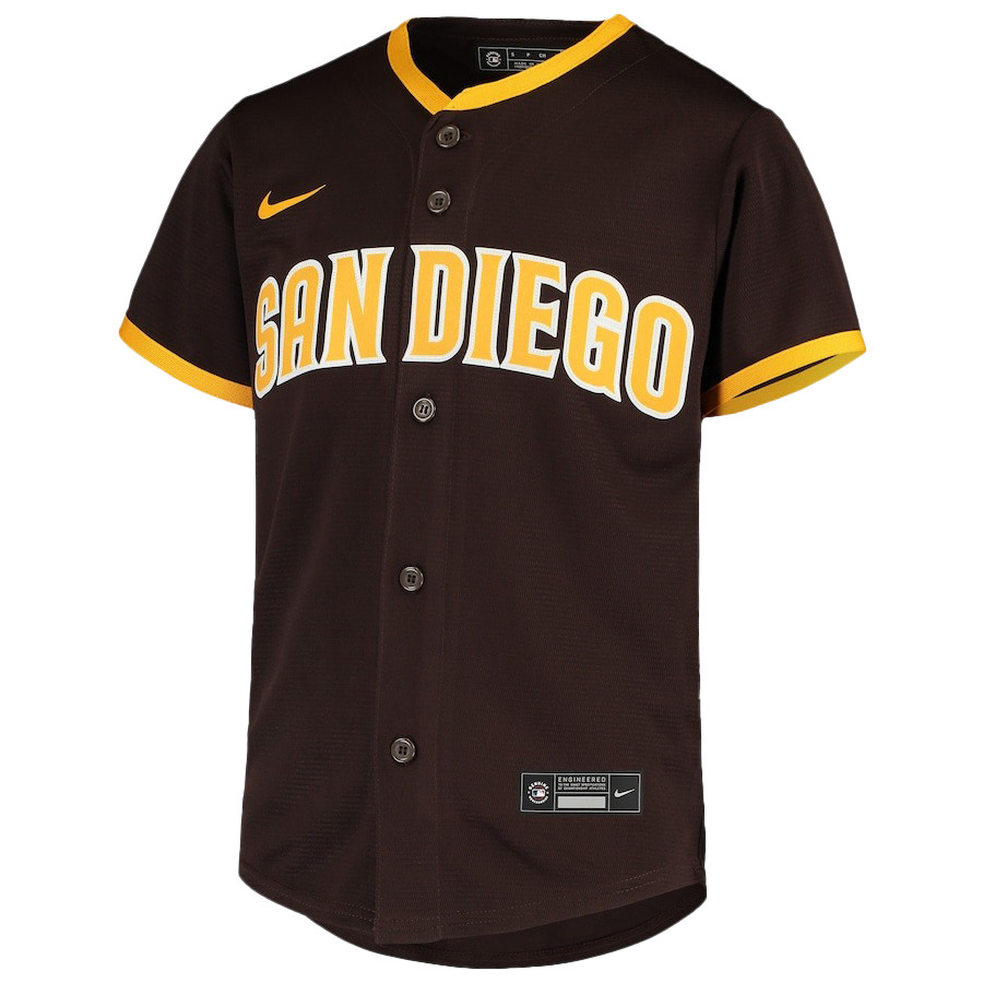 Alternative view of Juan Soto 22 San Diego Padres Signed Posture 2023 Road Player YOUTH Baseball Jersey - Brown 
