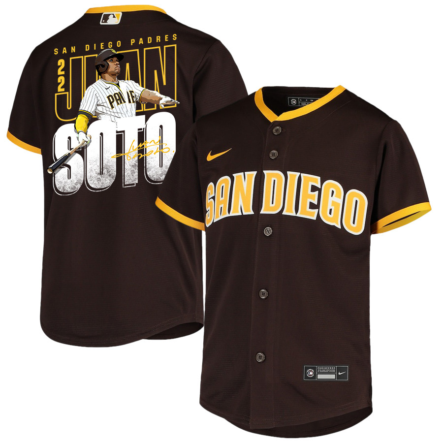 Juan Soto 22 San Diego Padres Signed Posture 2023 Road Player YOUTH Baseball Jersey - Brown 