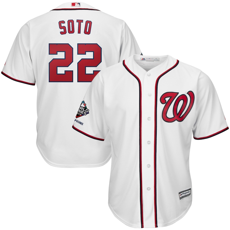 Juan Soto Washington Nationals Majestic 2019 World Series Champions Home Official Cool Base Bar Patch Player Baseball Jersey – White