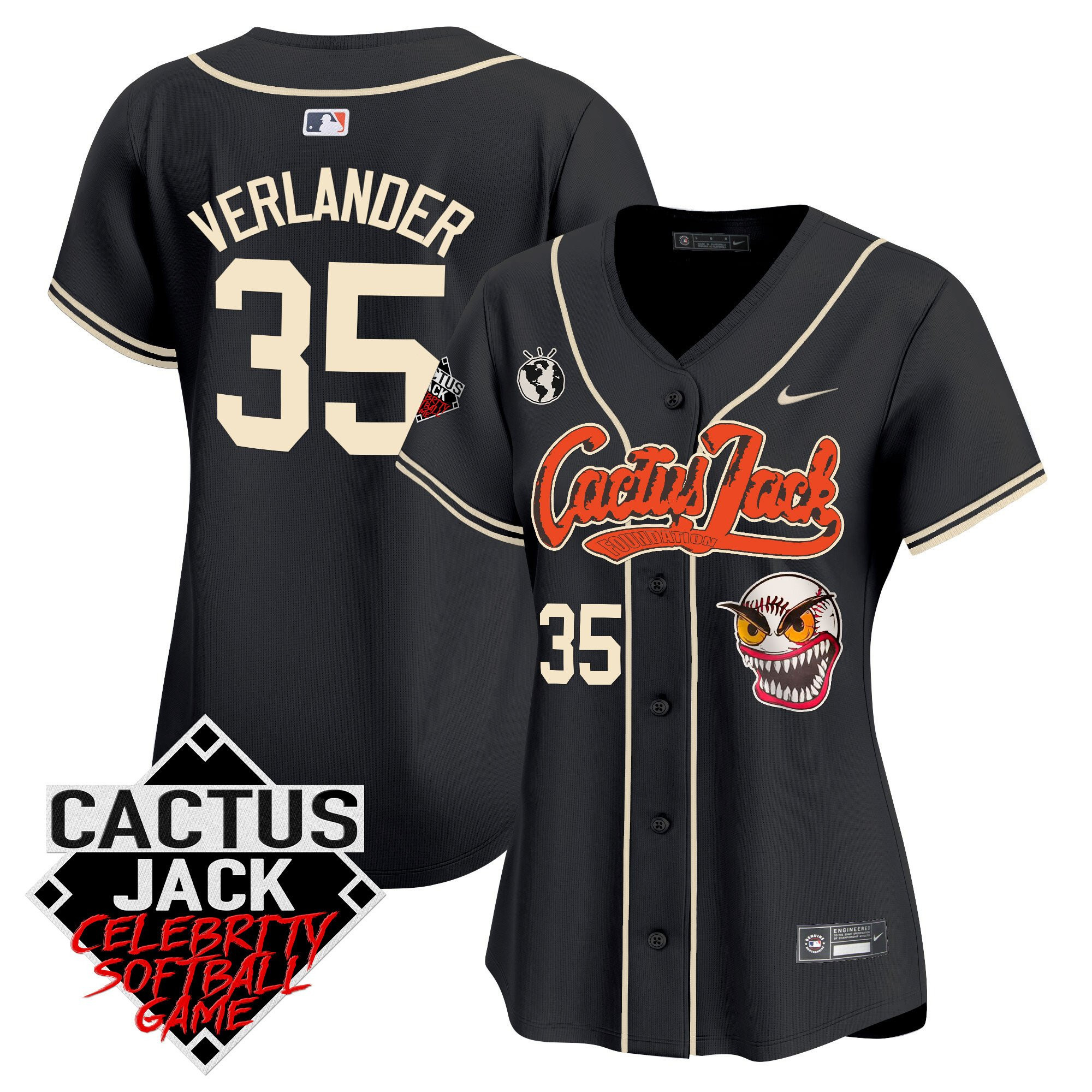 Justin Verlander 35 Houston Astros Cactus Jack Celebrity Softball Game Patch Women Baseball Jersey - Black