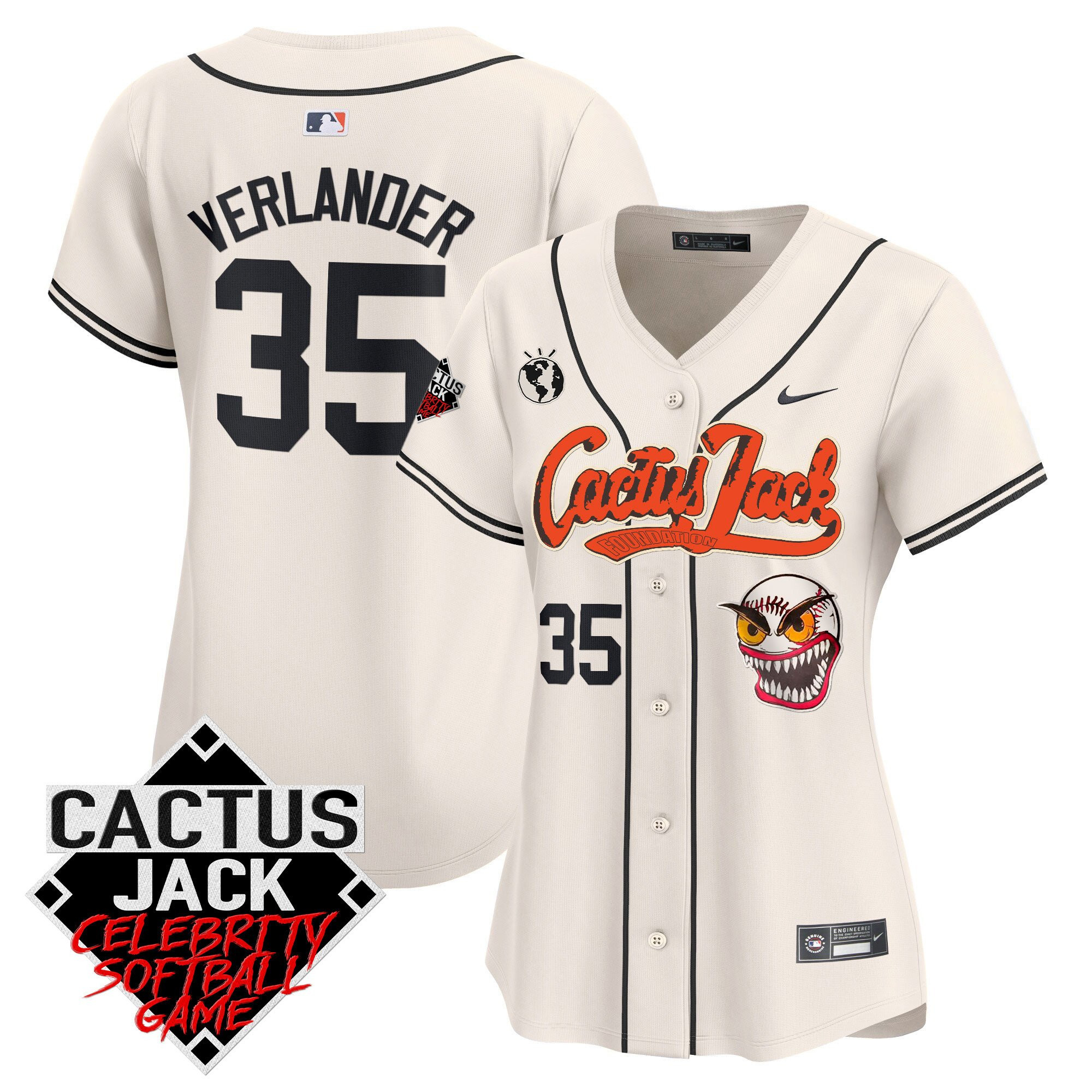 Justin Verlander 35 Houston Astros Cactus Jack Celebrity Softball Game Patch Women Baseball Jersey - Cream