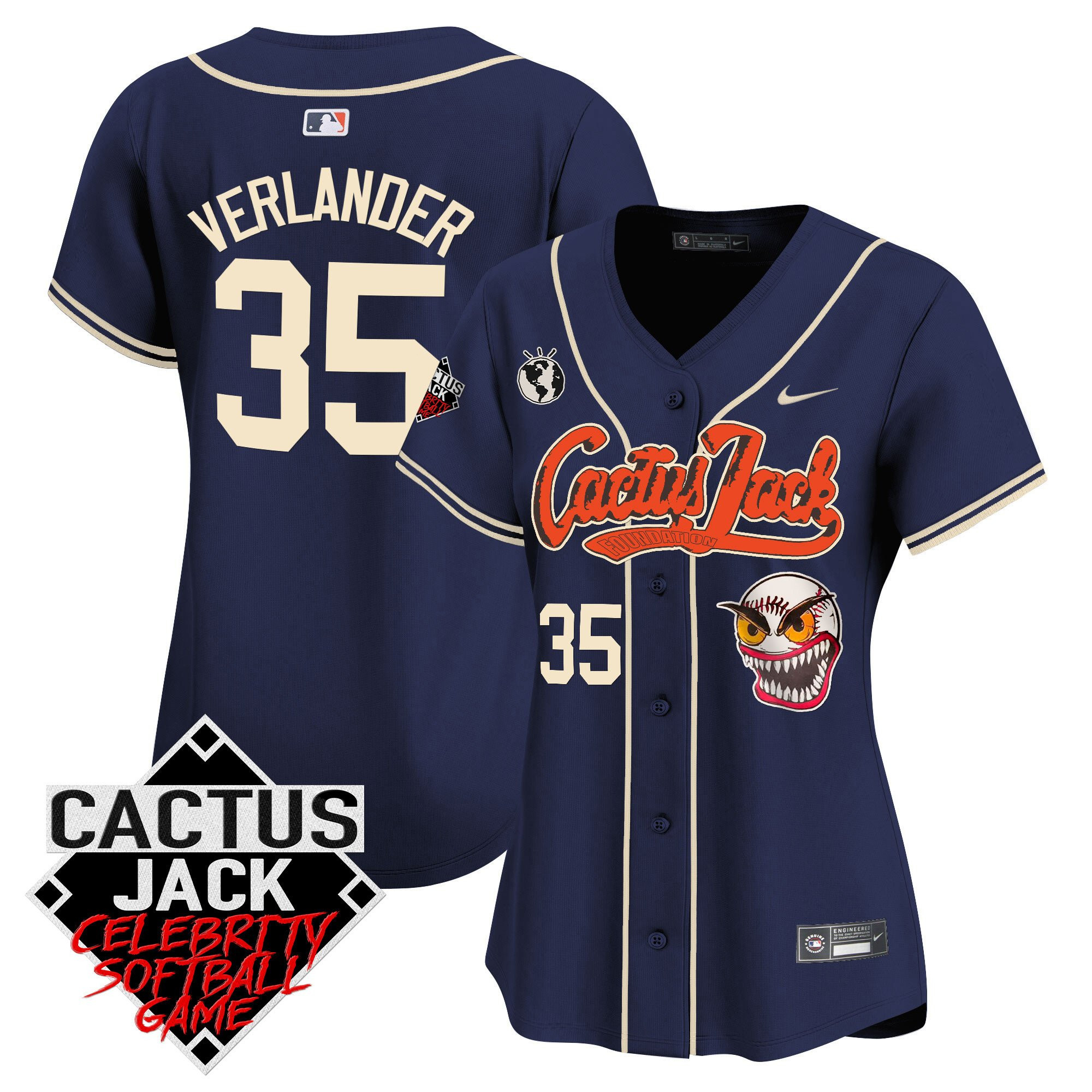 Justin Verlander 35 Houston Astros Cactus Jack Celebrity Softball Game Patch Women Baseball Jersey - Navy