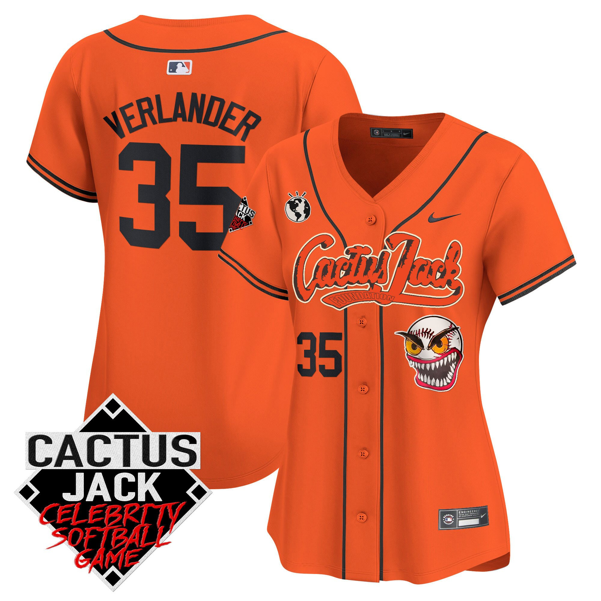Justin Verlander 35 Houston Astros Cactus Jack Celebrity Softball Game Patch Women Baseball Jersey - Orange