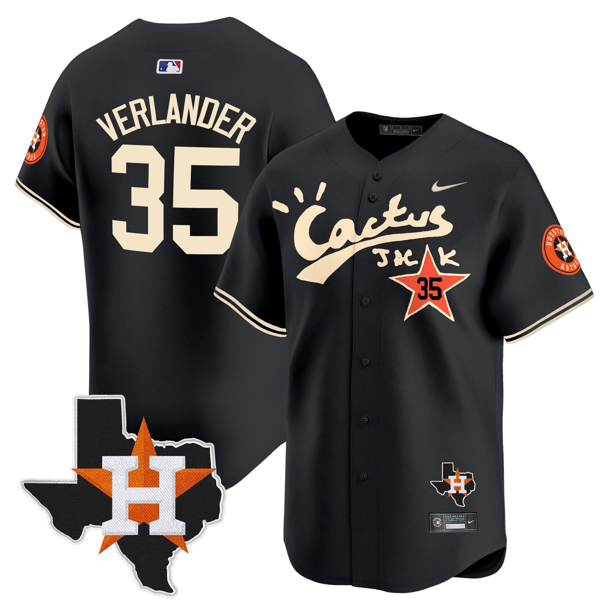 Justin Verlander 35 Houston Astros Cactus Jack Houston Patch Limited Baseball Jersey - Men, Black 