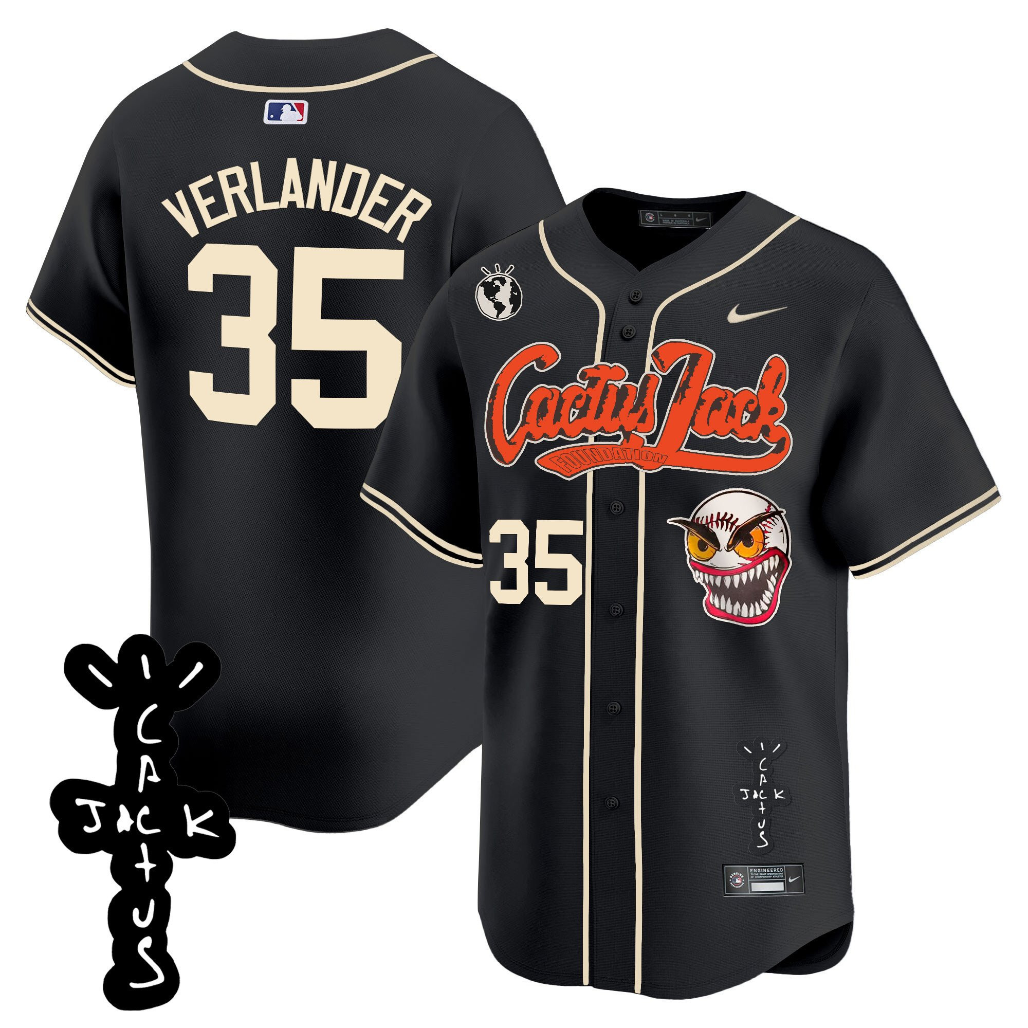 Justin Verlander 35 Houston Astros Cactus Jack Patch V2 Men Baseball Jersey - Black