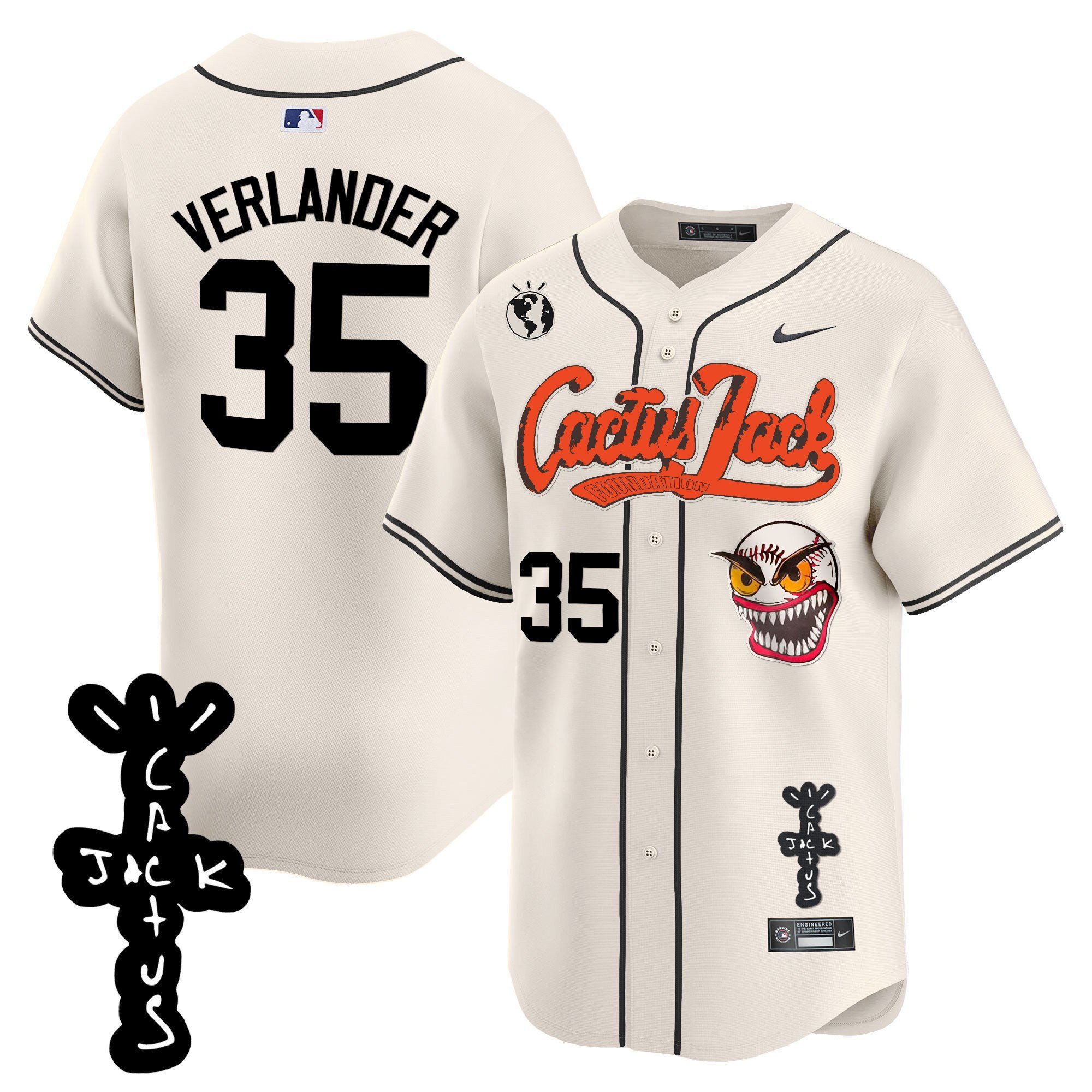 Justin Verlander 35 Houston Astros Cactus Jack Patch V2 Men Baseball Jersey - Cream
