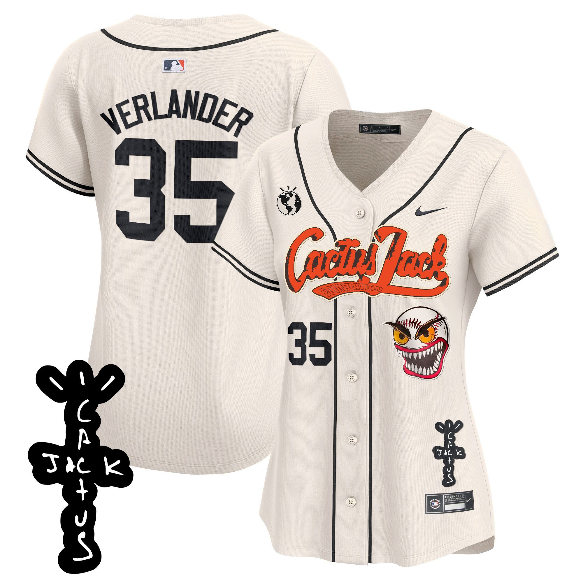 Justin Verlander 35 Houston Astros Cactus Jack Patch V2 Women Baseball Jersey - Cream 
