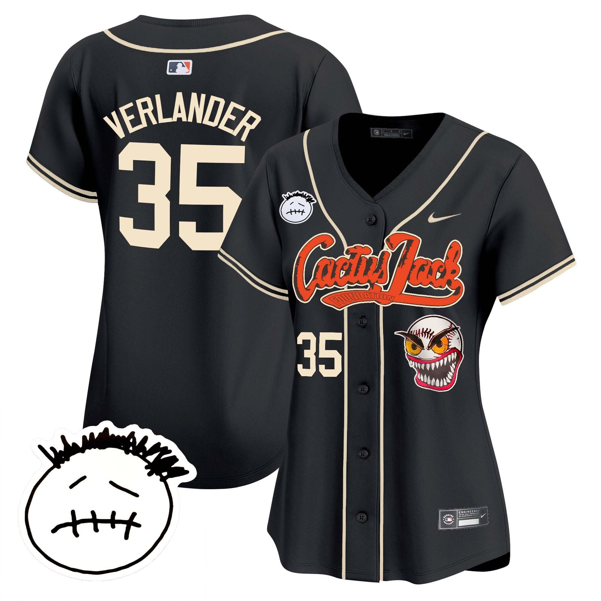 Justin Verlander 35 Houston Astros Cactus Jack Patch V3 Women Baseball Jersey - Black 