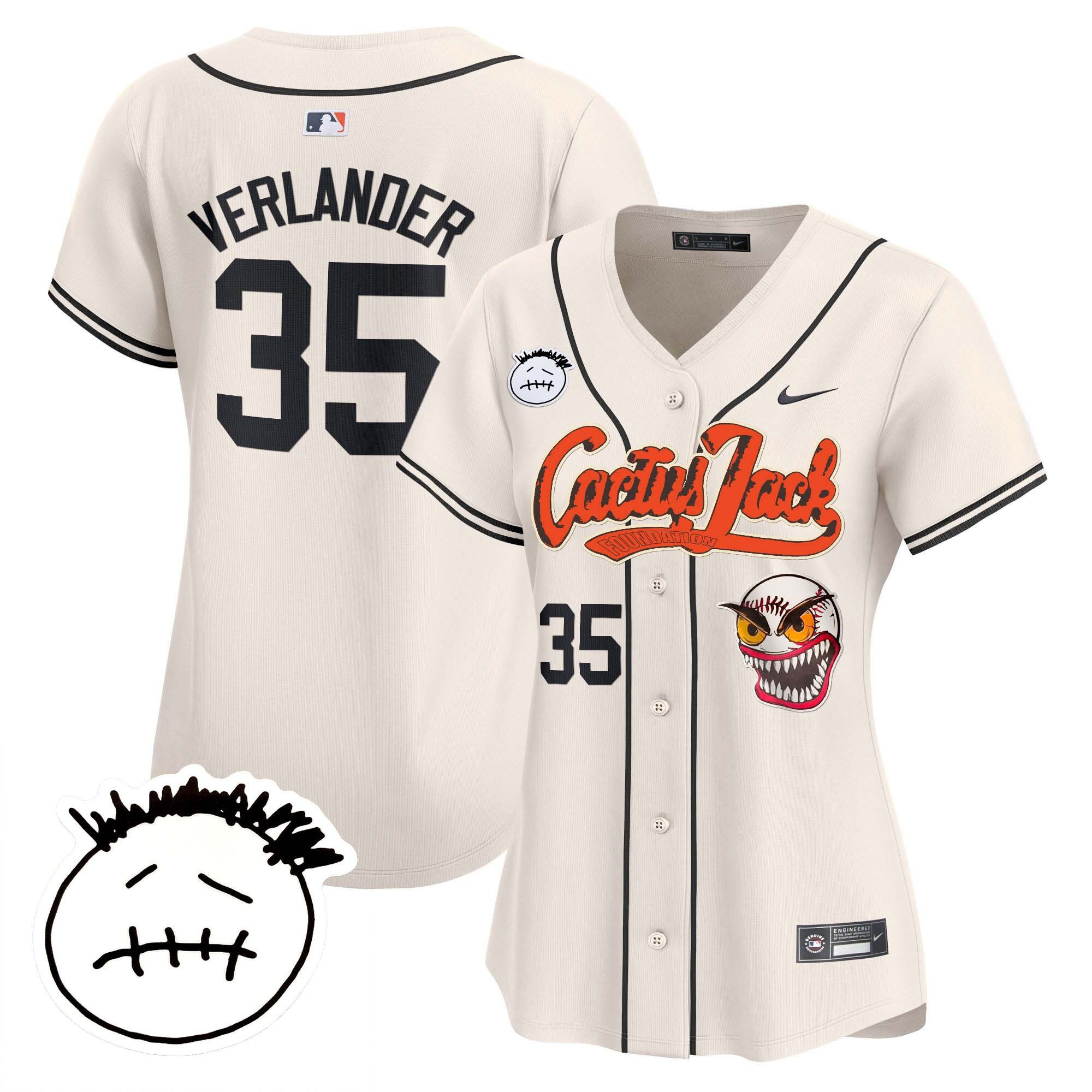 Justin Verlander 35 Houston Astros Cactus Jack Patch V3 Women Baseball Jersey - Cream 