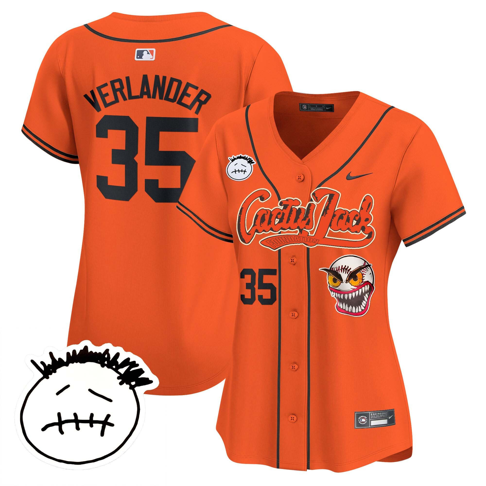 Justin Verlander 35 Houston Astros Cactus Jack Patch V3 Women Baseball Jersey - Orange 