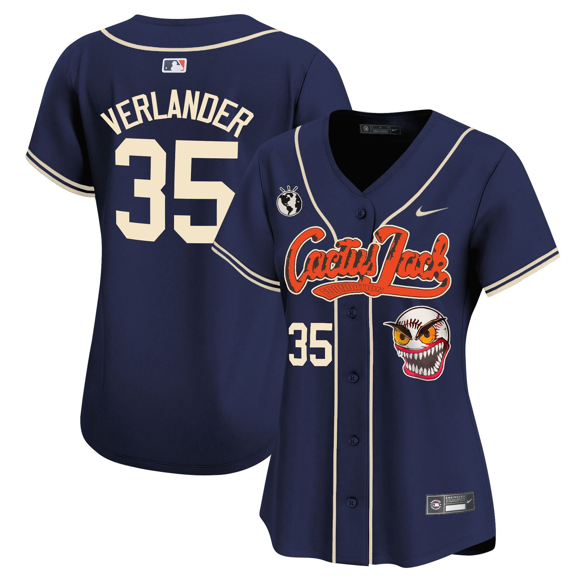 Justin Verlander 35 Houston Astros Cactus Jack Patch Women Baseball Jersey - Navy