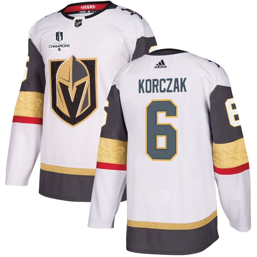 Kaedan Korczak 6 Vegas Golden Knights Stanley Cup 2023 Champions Patch Away Breakaway Men Hockey Jersey - White - JS928 