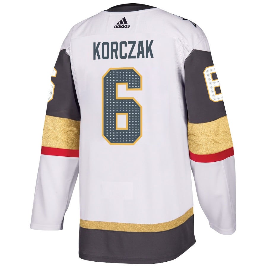 Alternative view of Kaedan Korczak 6 Vegas Golden Knights Stanley Cup 2023 Champions Patch Away Breakaway Men Hockey Jersey - White - JS928 