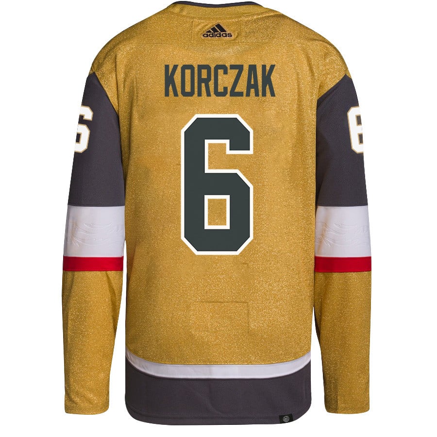 Alternative view of Kaedan Korczak 6 Vegas Golden Knights Stanley Cup 2023 Champions Patch Home Breakaway Men Hockey Jersey - Gold - JS884 