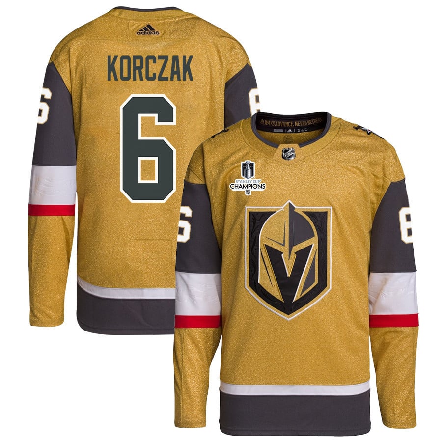 Kaedan Korczak 6 Vegas Golden Knights Stanley Cup 2023 Champions Patch Home Breakaway Men Hockey Jersey - Gold - JS884 
