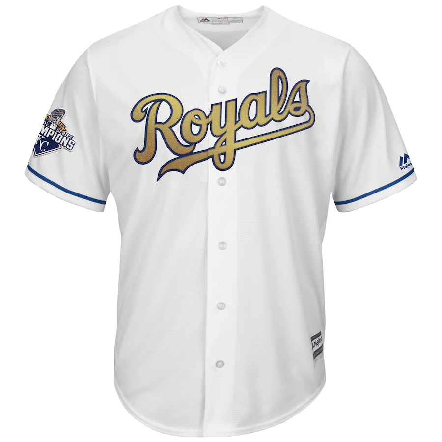 Alternative view of Kansas City Royals Majestic 2015 World Series Champions Gold Program Cool Base Baseball Jersey - White