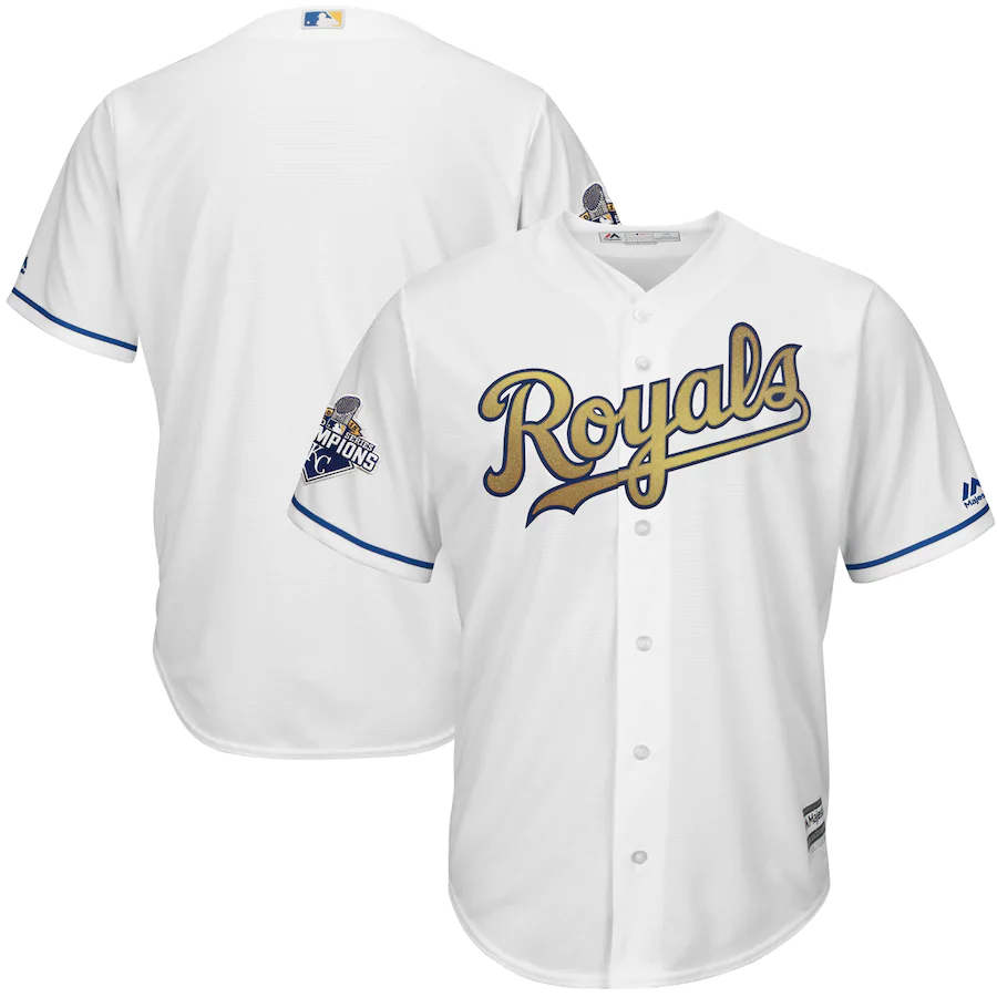Kansas City Royals Majestic 2015 World Series Champions Gold Program Cool Base Baseball Jersey - White