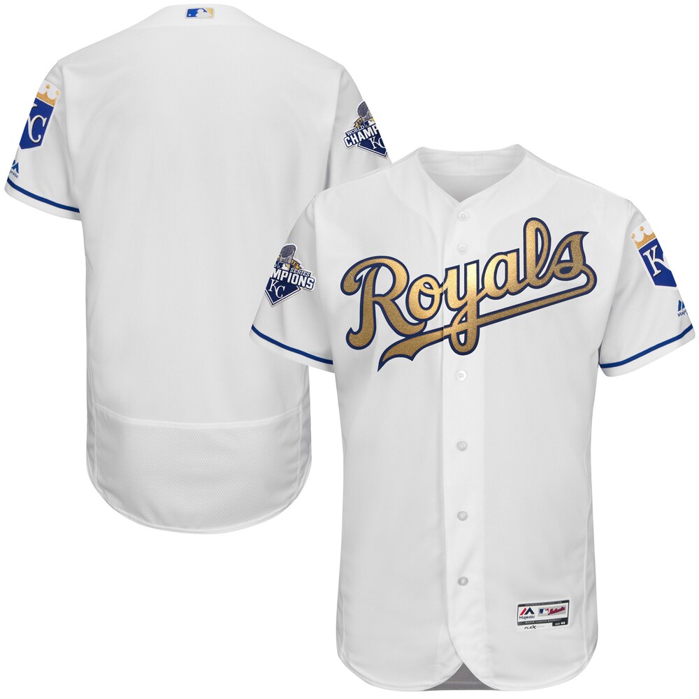 Kansas City Royals Majestic Fashion 2015 World Series Champions Gold Program Flex Base Baseball Jersey - White