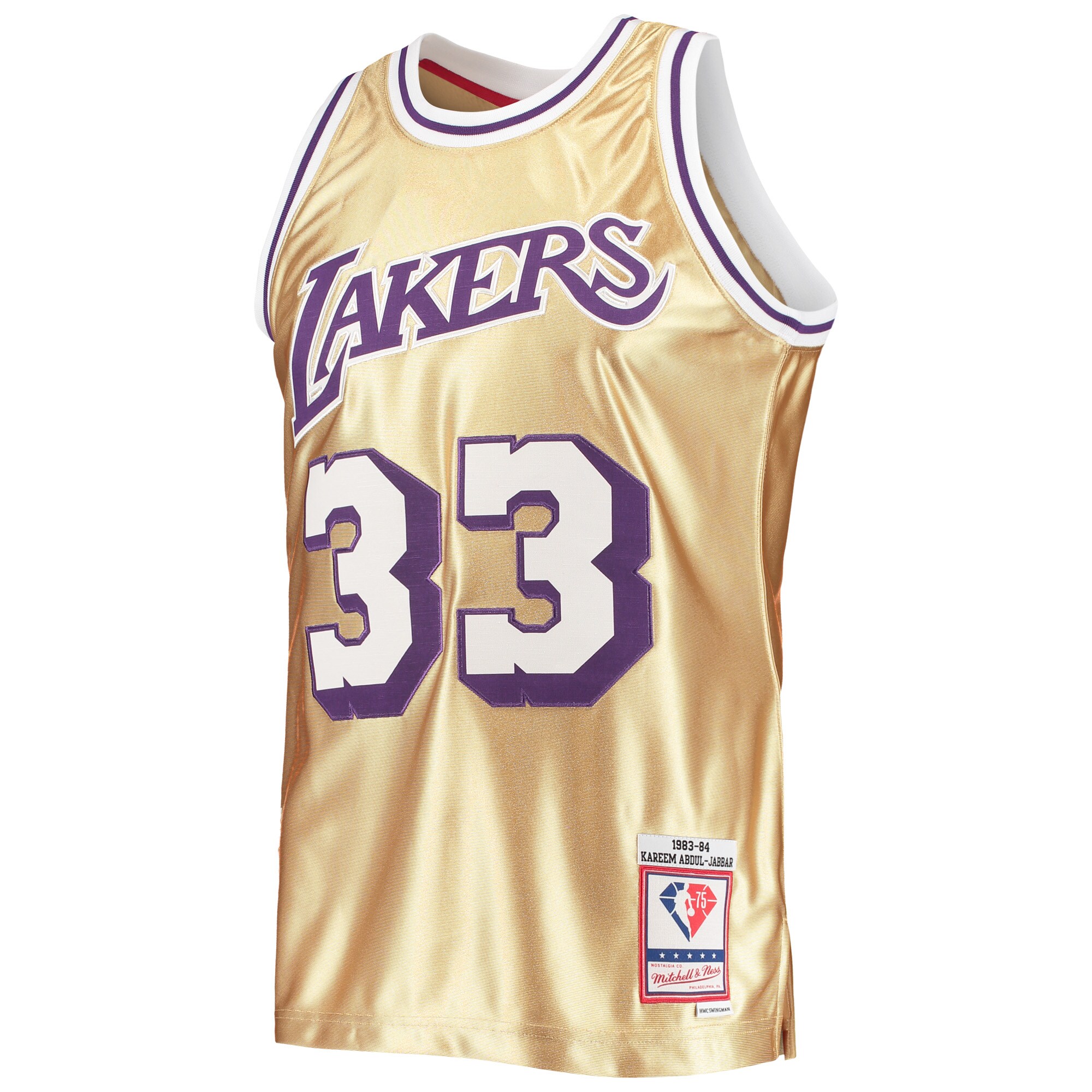 Alternative view of Kareem Abdul-jabbar Los Angeles Lakers Mitchell & Ness 75th Anniversary 1983/84 Hardwood Classics Swingman Basketball Jersey - Gold