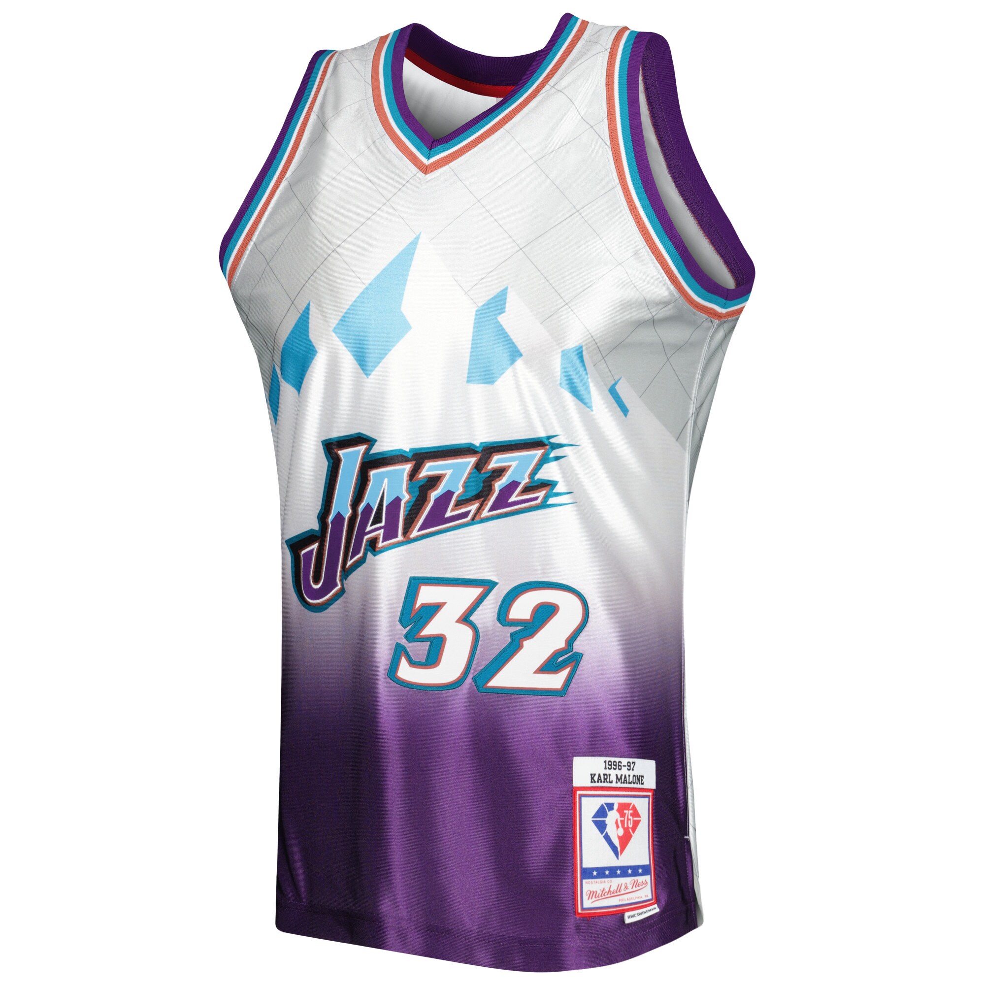 Alternative view of Karl Malone Utah Jazz Mitchell & Ness 1996/97 Hardwood Classics 75th Anniversary Swingman Basketball Jersey - Platinum