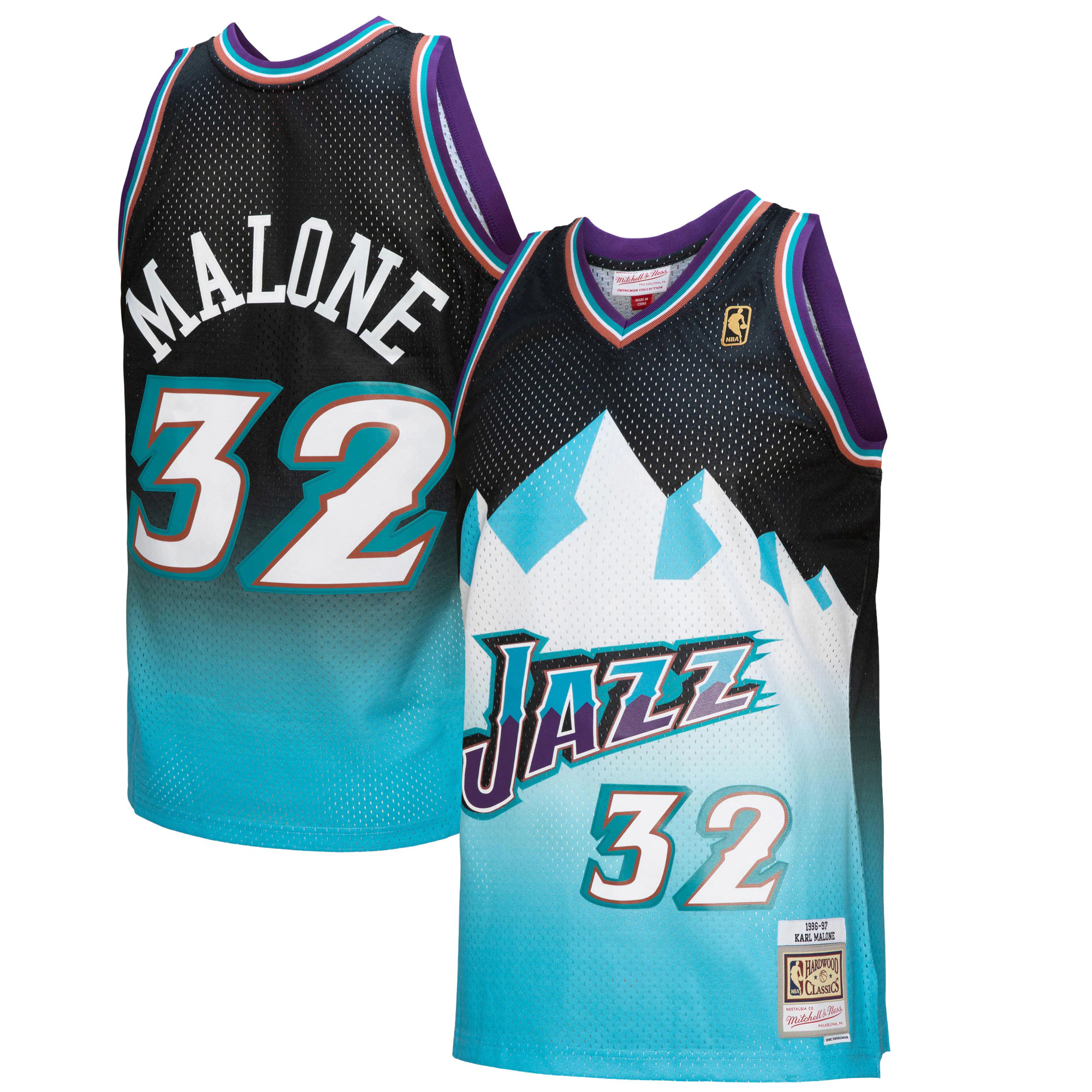 Karl Malone Utah Jazz Mitchell & Ness 1996/97 Hardwood Classics Fadeaway Swingman Player Basketball Jersey - Black/light Blue