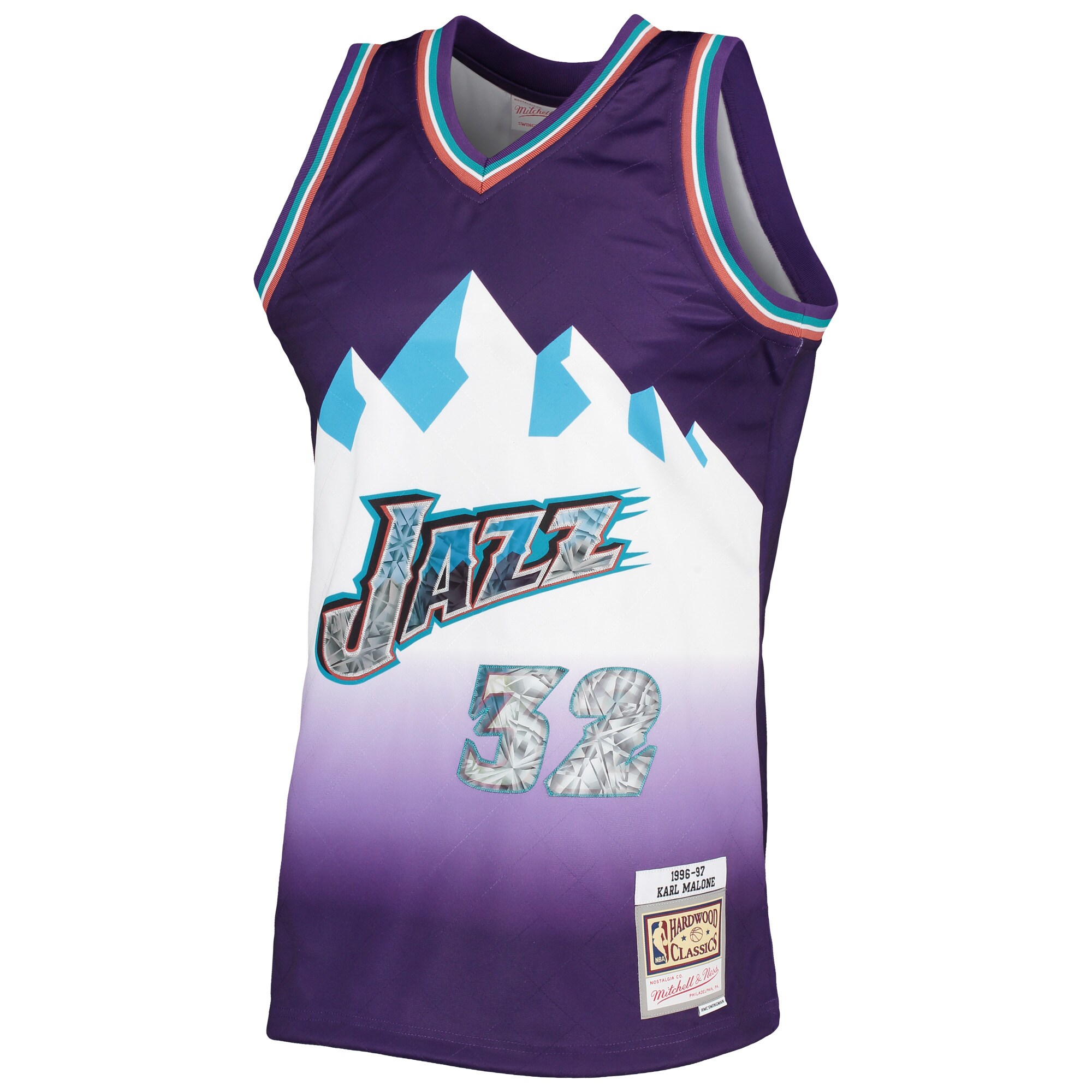 Alternative view of Karl Malone Utah Jazz Mitchell & Ness 1996/97 Hardwood Classics Nba 75th Anniversary Diamond Swingman Basketball Jersey - Purple