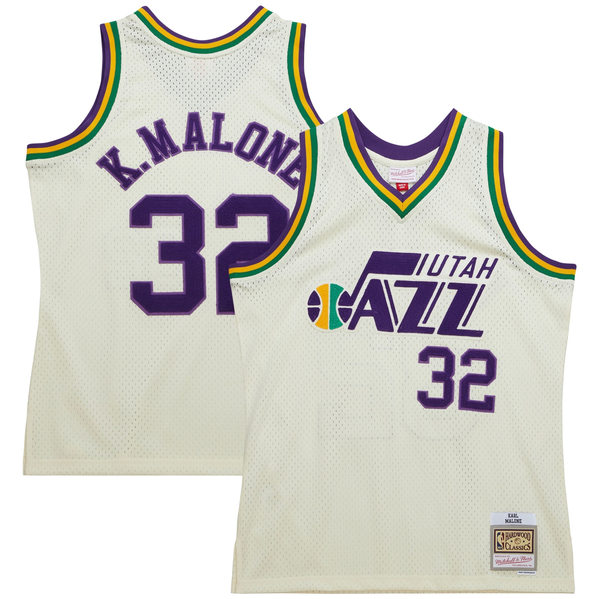 Karl Malone Utah Jazz Mitchell & Ness Chainstitch Swingman Basketball Jersey - Cream