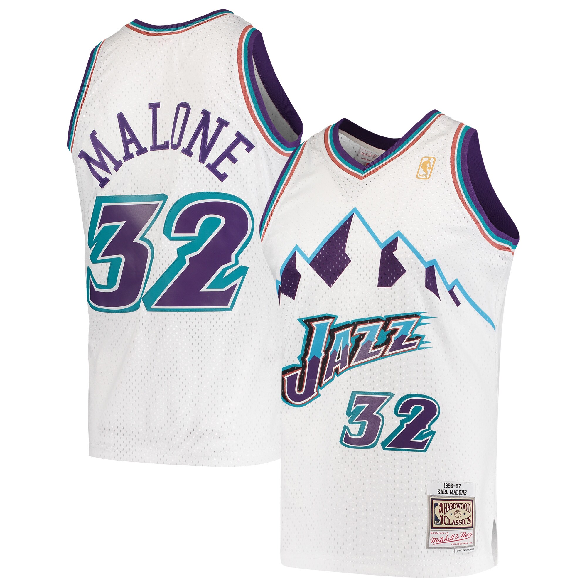 Alternative view of Karl Malone Utah Jazz Mitchell & Ness Hardwood Classics 1996-97 Swingman Basketball Jersey - White