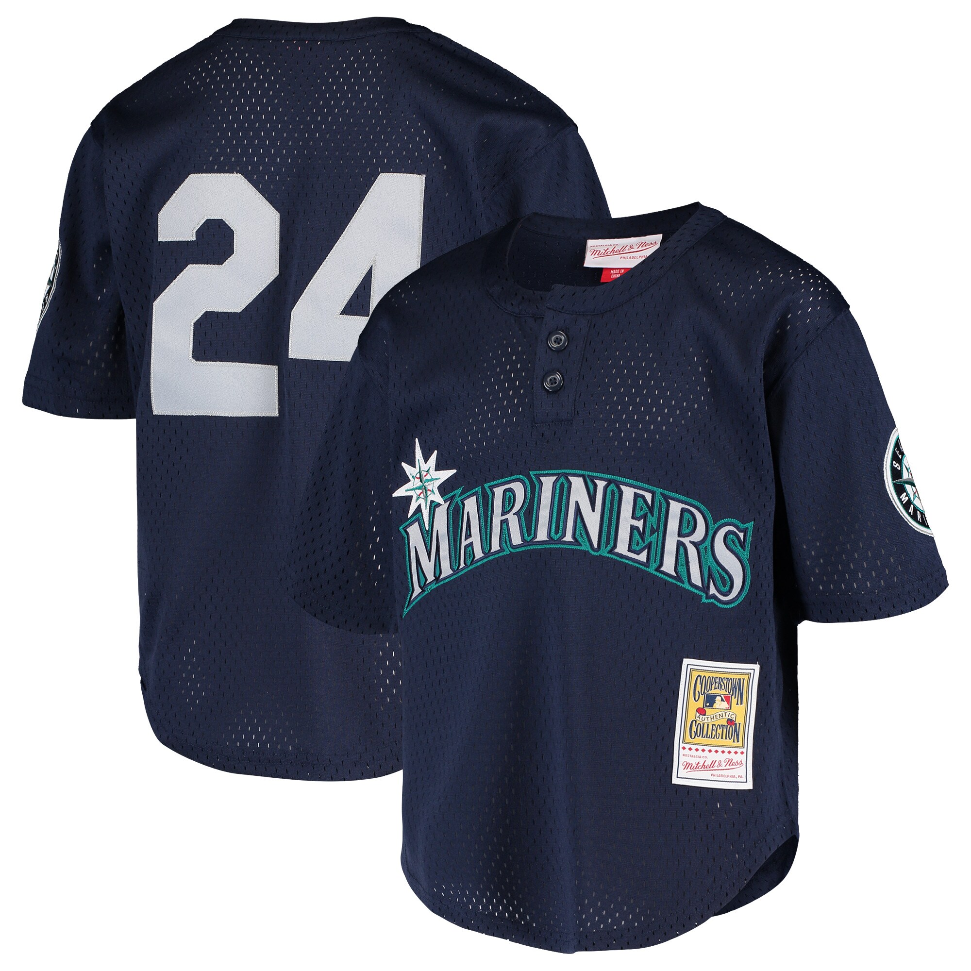 Alternative view of Ken Griffey Jr. Seattle Mariners Mitchell & Ness Youth Cooperstown Collection Mesh Batting Practice Baseball Jersey - Navy