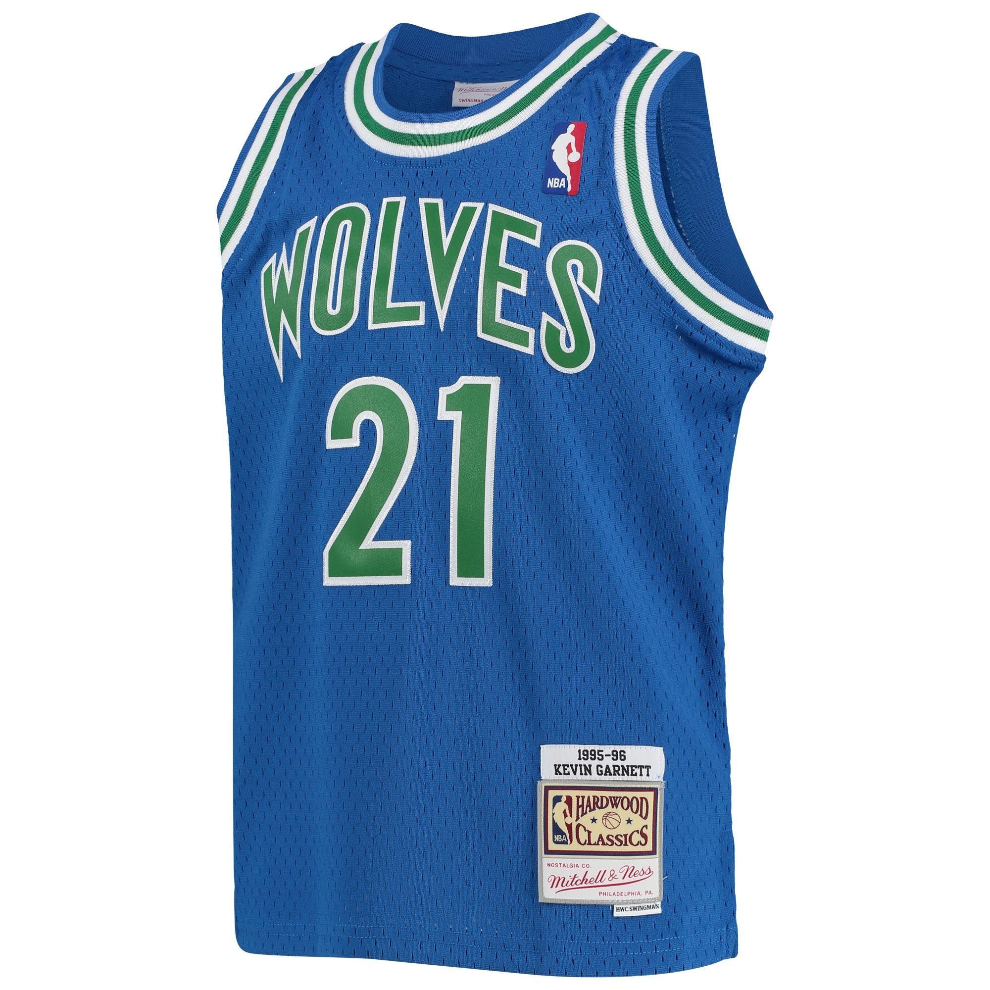 Alternative view of Kevin Garnett Minnesota Timberwolves Mitchell & Ness Youth 1995-96 Hardwood Classics Swingman Basketball Jersey – Blue - JS719 