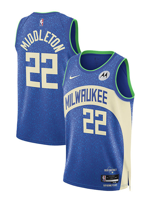 Khris Middleton 22 Milwaukee Bucks 2023/24 Swingman Basketball Jersey - City Edition - Unisex Blue - JS187 