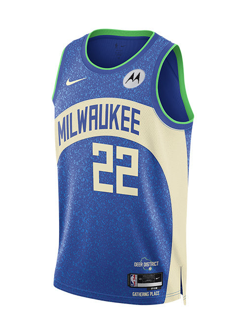 Alternative view of Khris Middleton 22 Milwaukee Bucks 2023/24 Swingman Basketball Jersey - City Edition - Unisex Blue - JS187 