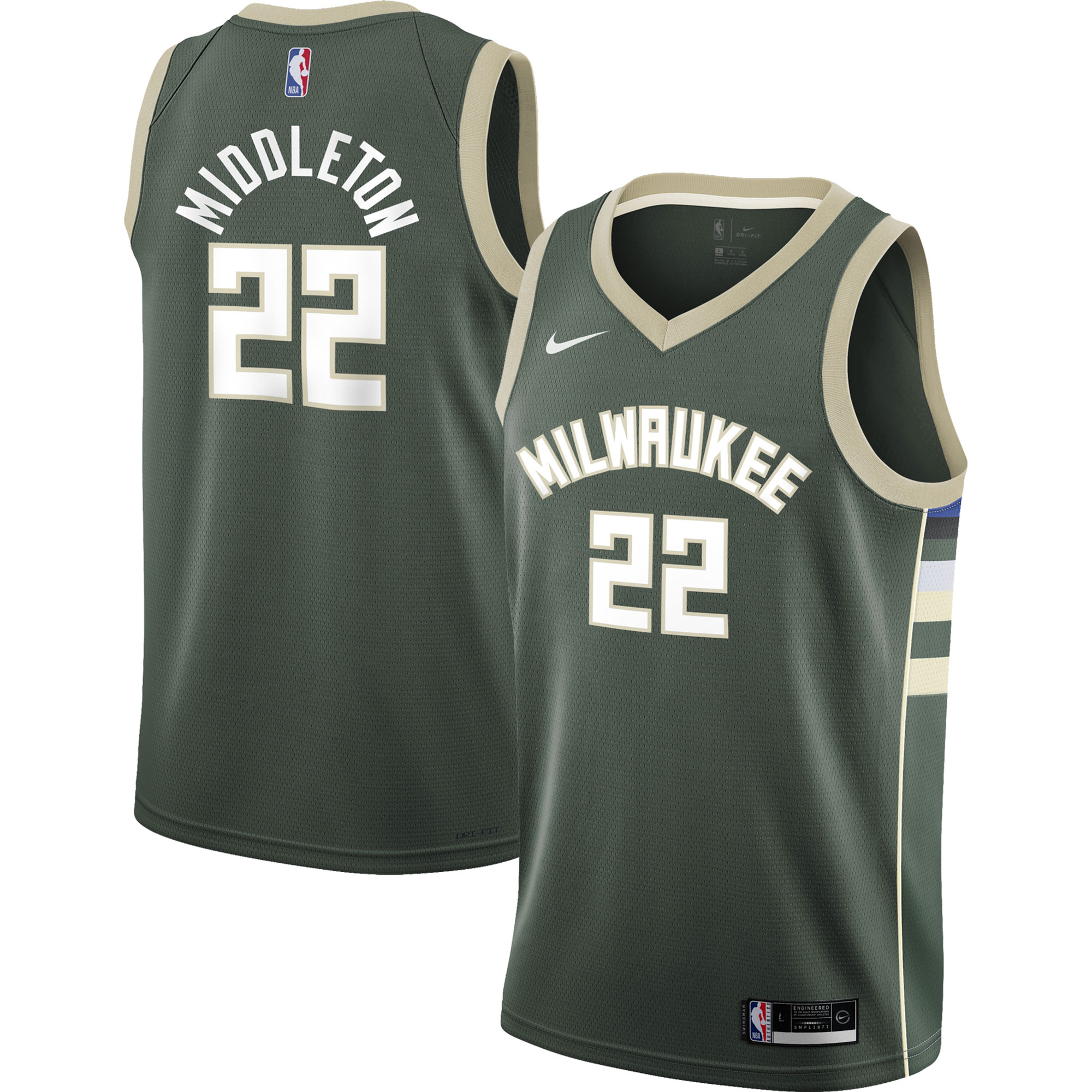 Alternative view of Khris Middleton Milwaukee Bucks Youth 2021/22 Swingman Basketball Jersey - Icon Edition - Hunter Green