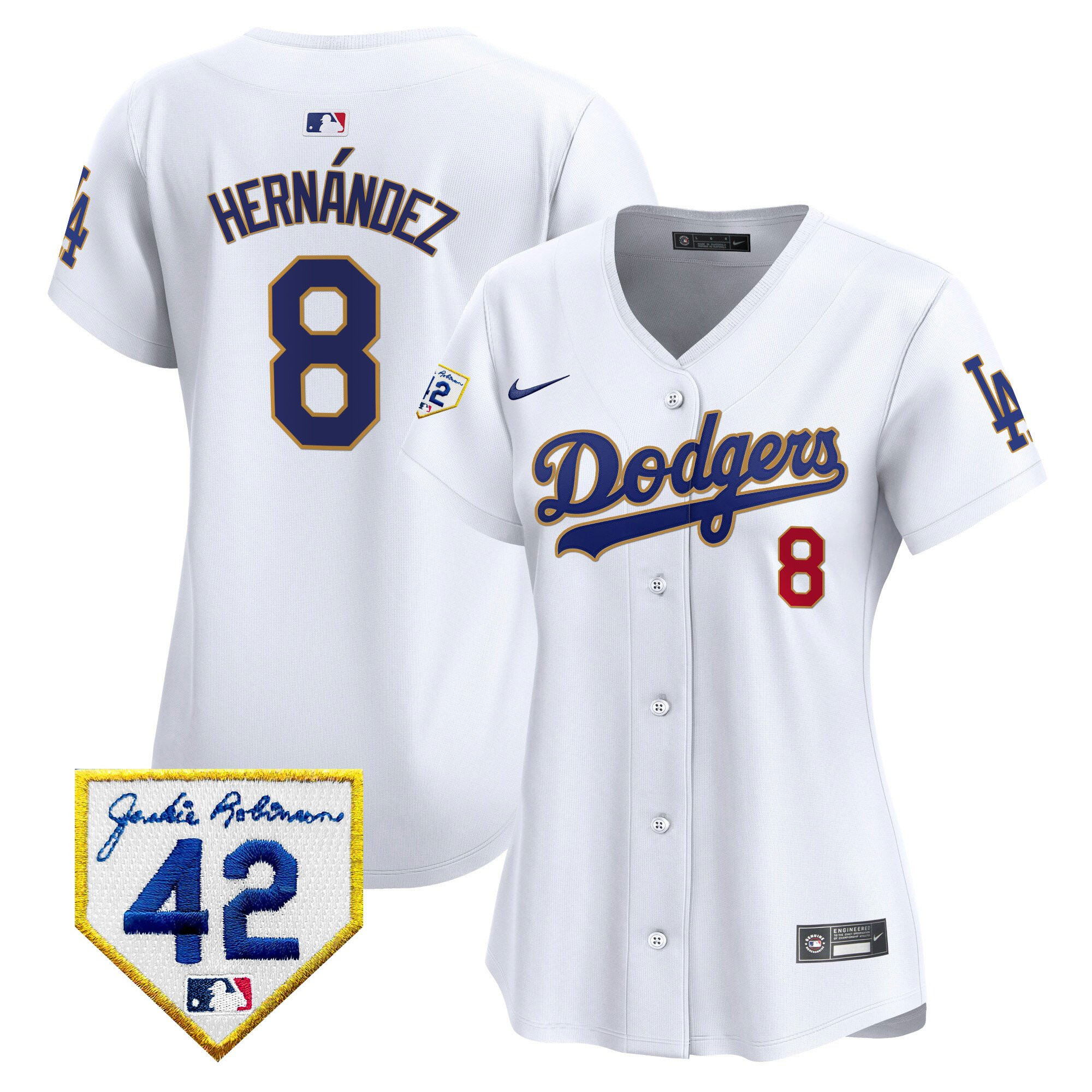 Kike Hernandez 8 Los Angeles Dodgers 2024 Jackie Robinson Patch Women Baseball Jersey - White 
