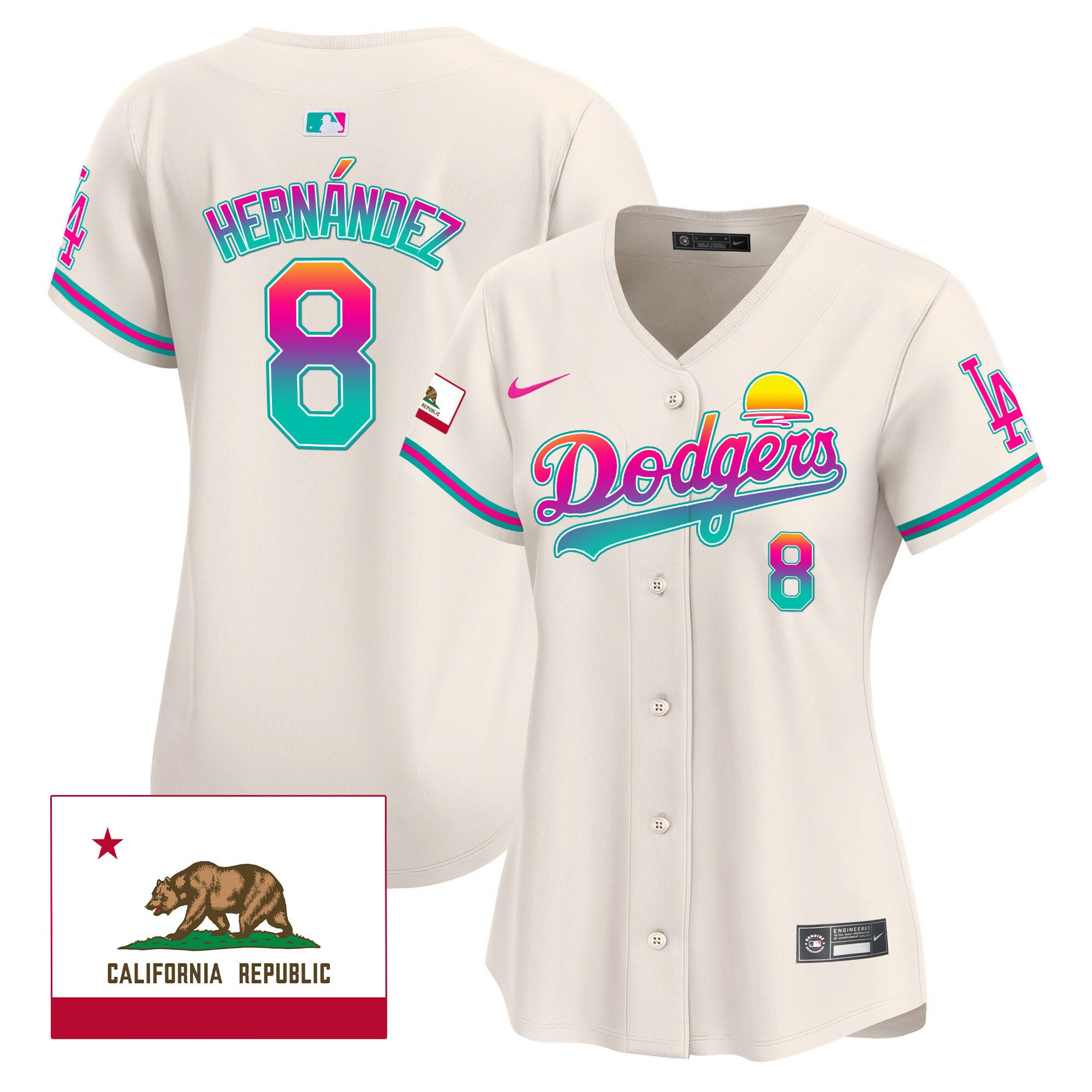 Kike Hernandez 8 Los Angeles Dodgers 2024 Los Angeles City Style California Republic Patch Women Baseball Jersey - Cream 